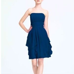 DAVID’S Bridal Navy Chiffon Strapless Dress Layered Skirt, size 4